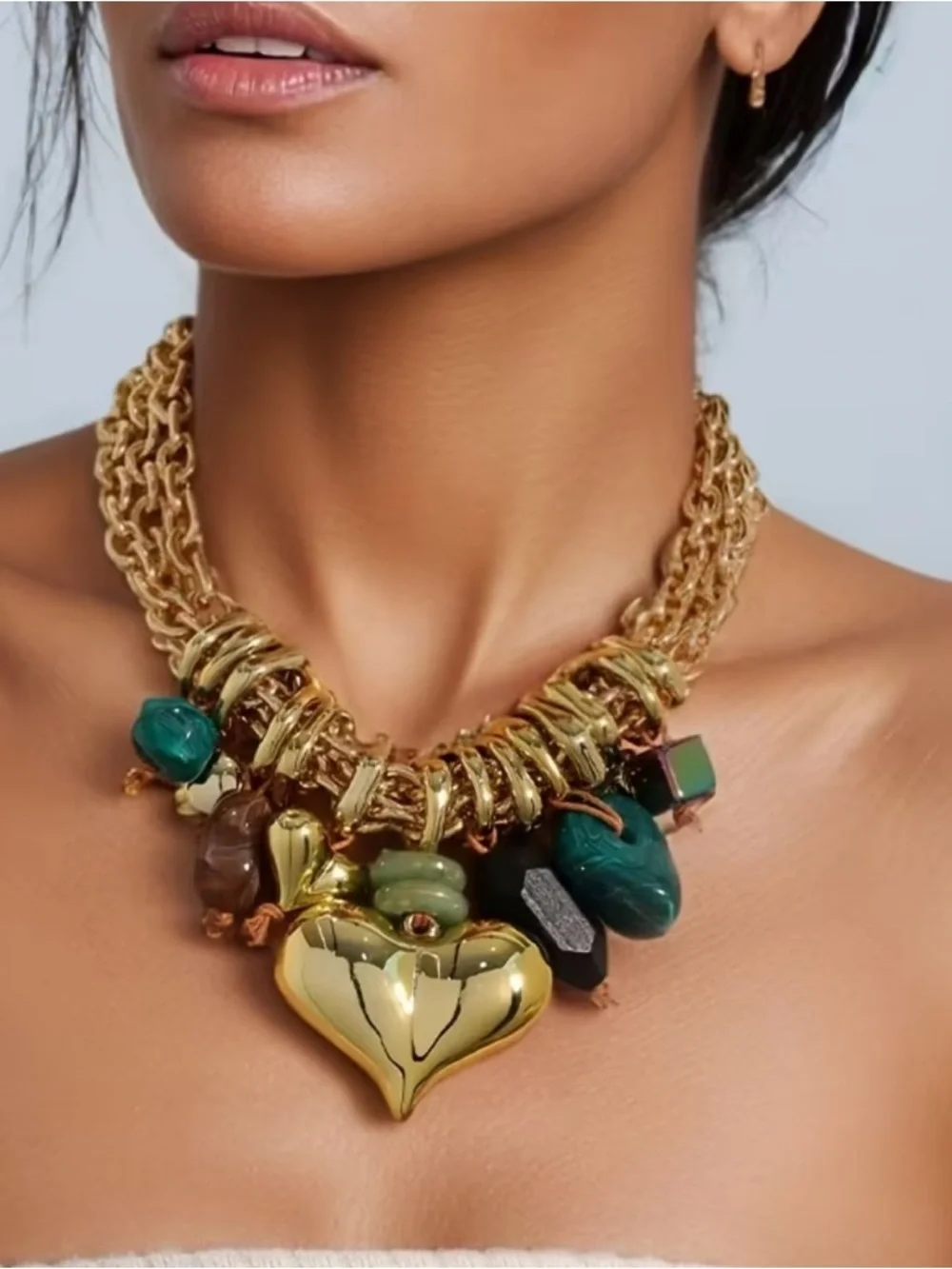 Gold Heart Charm Necklace with Green Stone Accents - Women Jewelry - Picture 1 of 3
